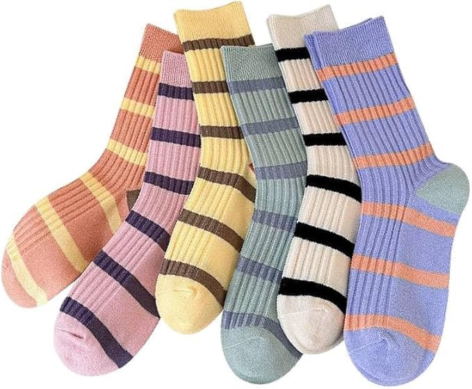 5/10 Pairs Retro Style Colorful Striped Socks, Cute Athletic Crew socks for Women | Amazon (US)