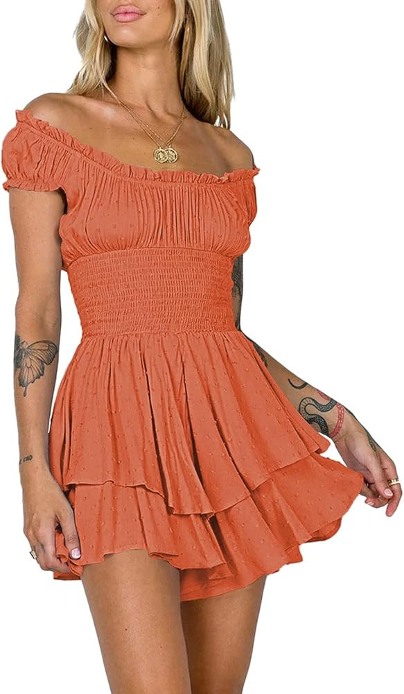 AOHITE Womens Summer Tube Top Dress Off-Shoulder Ruffled Flowy Mini Short Dresses | Amazon (US)
