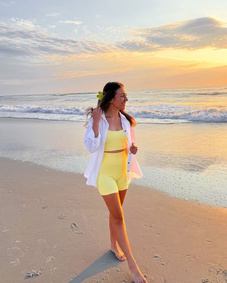 Beach Sunrise Outfit Amazon Athleisure Athletic Workout Matching Set, Abercrombie /Target Oversized Button Down Shirt

#LTKstyletip