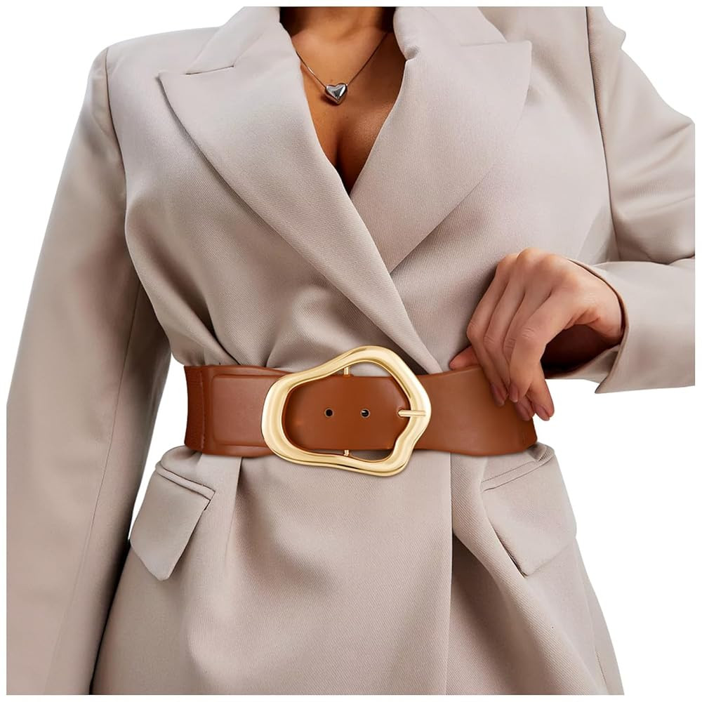 XZQTIVE Women Wide Elastic Waist Belt for Dresses Fashion Big Gold Buckle Stretchy Leather Waistb... | Amazon (US)