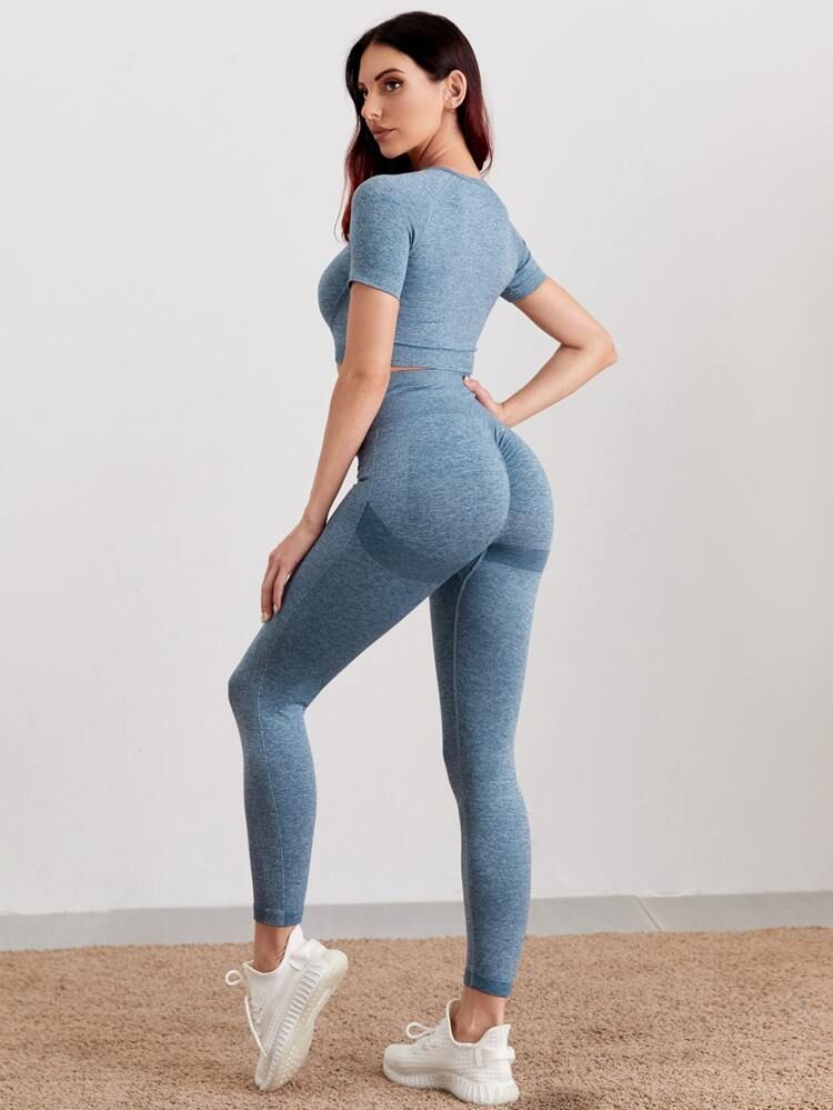Seamless Breathable Scrunch Butt Marled Knit Sports Sets | SHEIN