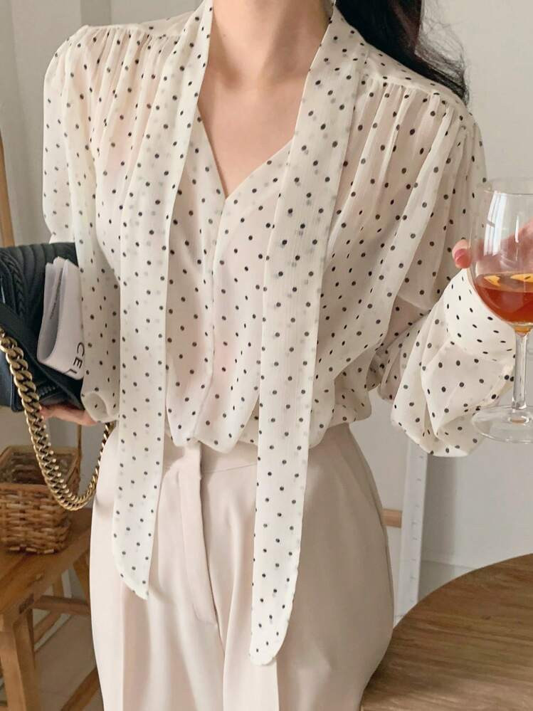 DAZY Blusa Elegante De Manga Longa Com Bolinhas E Laço Para Mulheres | SHEIN