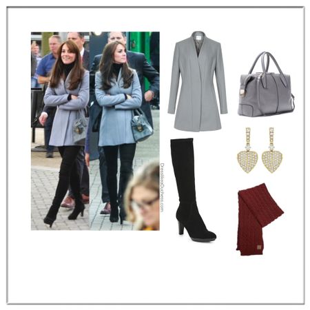 Kate Middleton rugby World Cup 2015 in Reiss Delaney coat, Kiki Lauren heart earrings, Aquatalia Rhumba boots, Tod’s bag and Welsh rugby scarf 