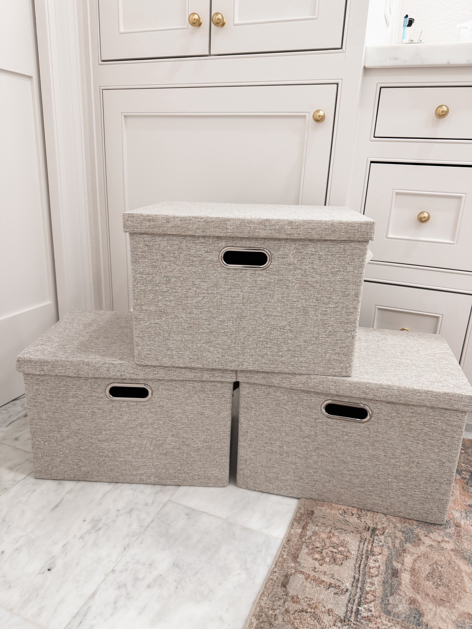 Fold flat storage boxes
Mine are the 5 pack Large Beige