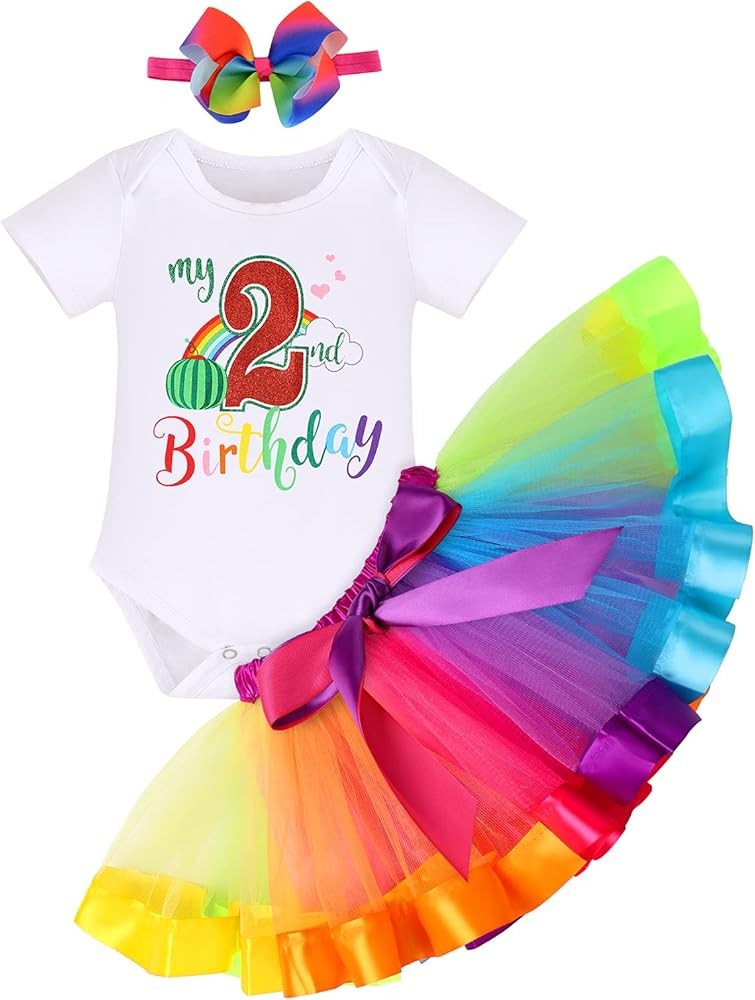 Toddler Baby Girls Melon 1st 2nd 3rd Birthday Outfit Romper Top Rainbow Tutu Skirt Headband Photo... | Amazon (US)