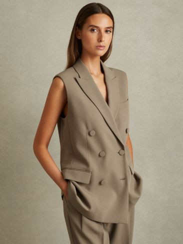 Double Breasted Longline Suit Waistcoat in Khaki | Reiss UK