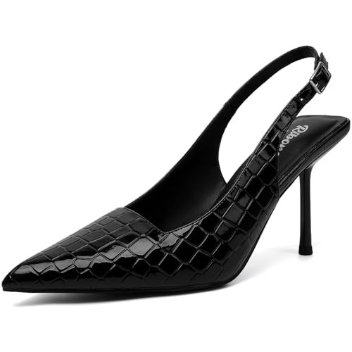RIBONGZ Black Slingback Pumps Closed Toe Pointy High Heels Sexy Elegant Dressy Heels for Women Wedding Bride Kitten Heels Party Prom Evening Shoes 8 | Amazon (US)