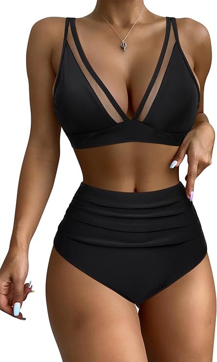 RXRXCOCO Women Mesh V Neck Two Piece Swimsuit High Waisted Bikini Set Ruched Tummy Control Bathin... | Amazon (US)