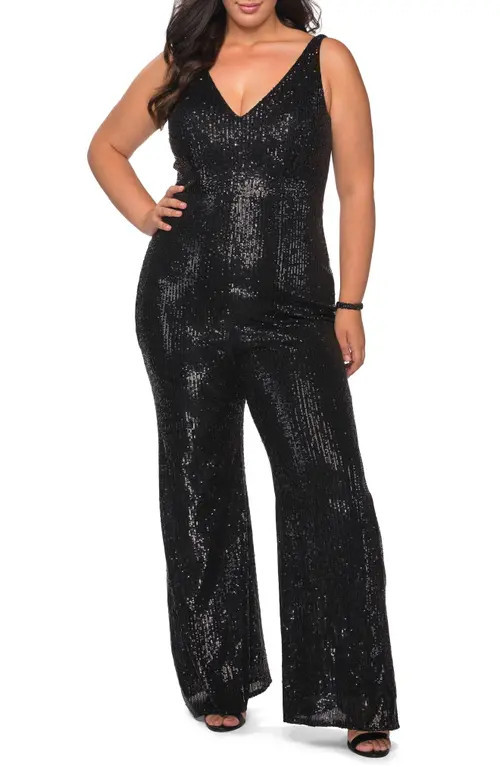 La Femme Sequin Plus SIze Jumpsuit with Plunging Neckline in Black at Nordstrom, Size 18W | Nordstrom