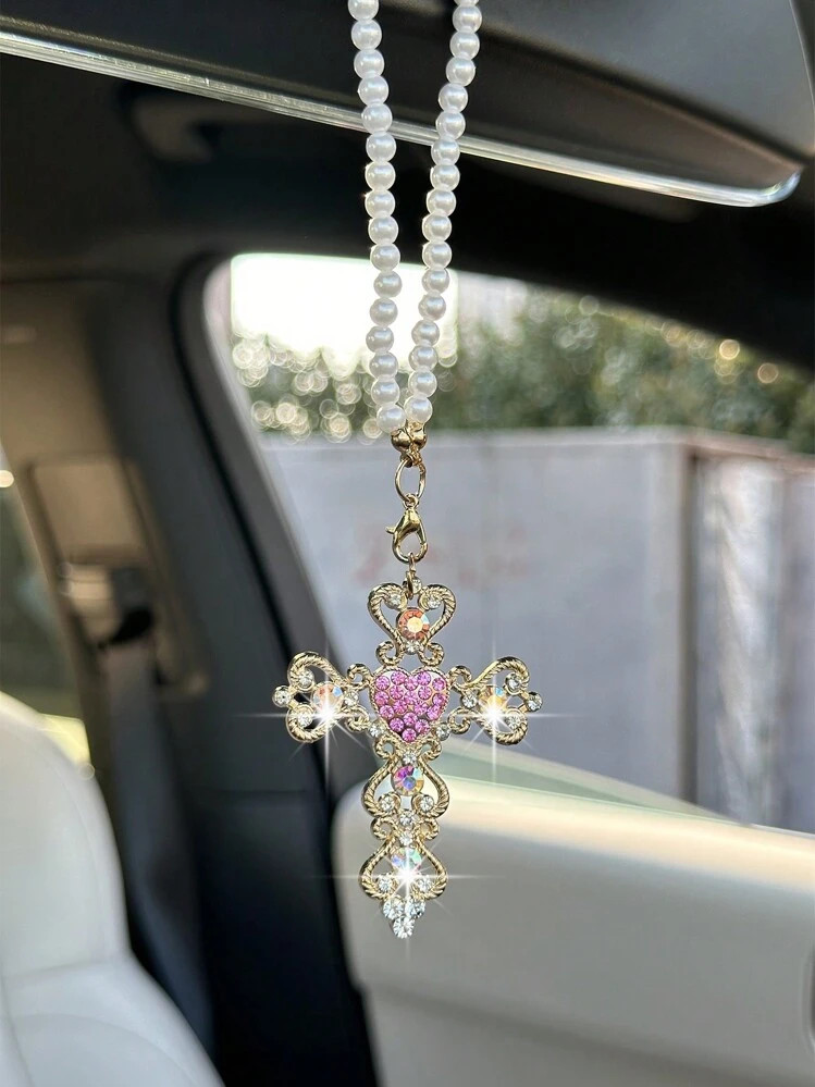 1pc Car Interior Pendant Rhinestone Cross Car Rearview Mirror Decoration Car Interior Decoration | SHEIN