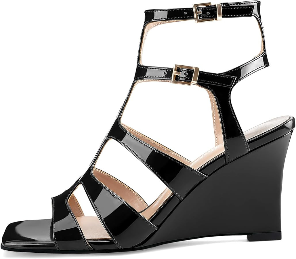 Oh Mispares Gladiator Sandals for Women Square Open Toe T-Strap Wedge Sandals Two Buckle Ankle St... | Amazon (US)