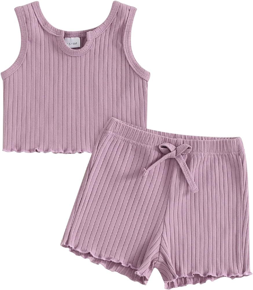 Kupretty Toddler Baby Girl Summer Clothes Ruffle Ribbed Knit Short Sleeves T-Shirt Tops + Shorts ... | Amazon (US)