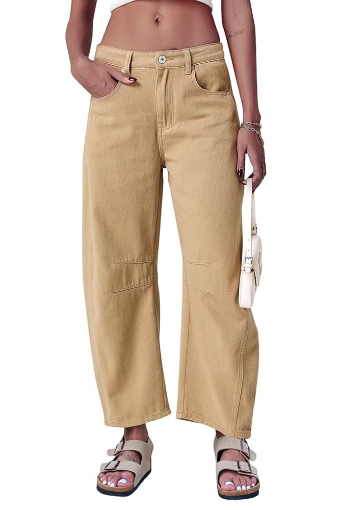 Mid Rise Barrel Jeans for Women Wide Leg Mid Waist Cropped Denim Pants Y2k Baggy Boyfriend Jeans ... | Amazon (US)