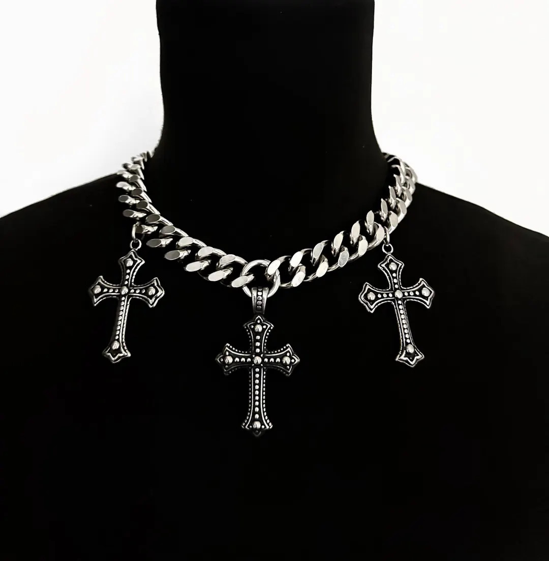 Tri-Cross Chunky Cuban Chain – Stainless Steel Gothic Cross Necklace, Silver Statement Choker, ... | Etsy (Global)