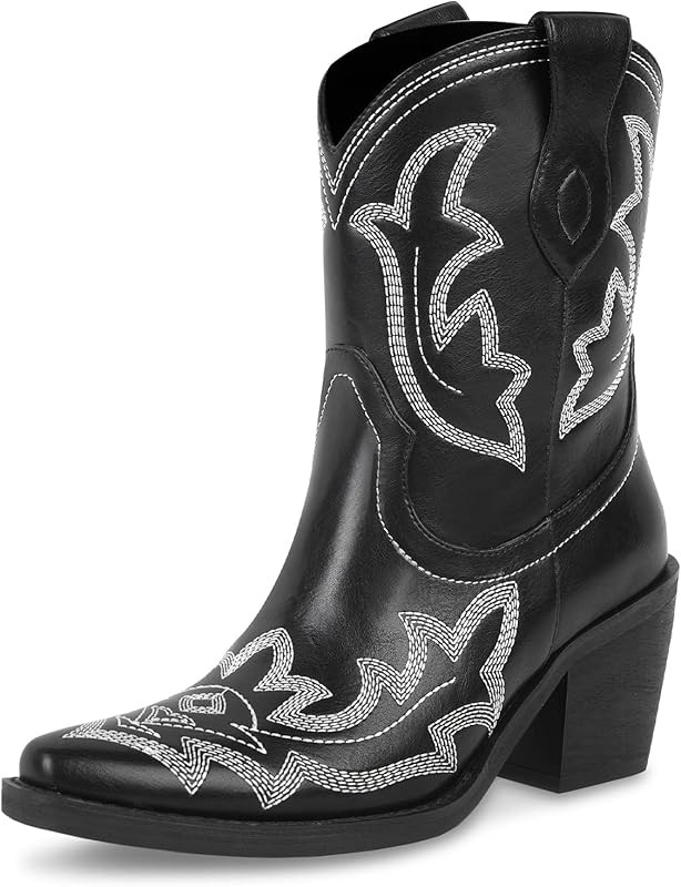 WETKISS Embroidered Cowboy Short Ankle Boots for Women Chunky Heel Cowgirl Boots Slip on Mid Calf We | Amazon (US)
