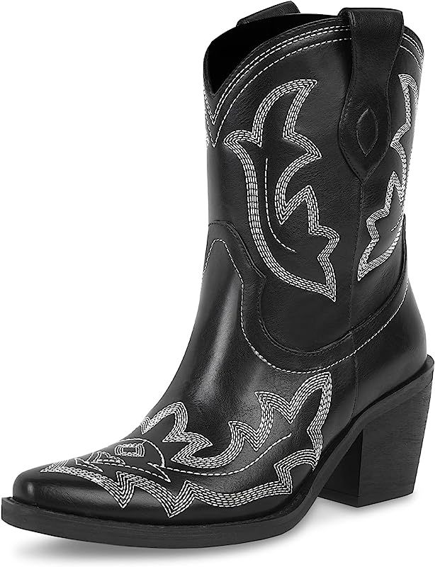 WETKISS Embroidered Cowboy Short Ankle Boots for Women Chunky Heel Cowgirl Boots Slip on Mid Calf We | Amazon (US)