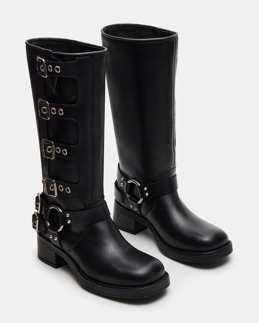 ROCKY Black Leather Knee-High Moto Boots | Women's Boots | Steve Madden (US)