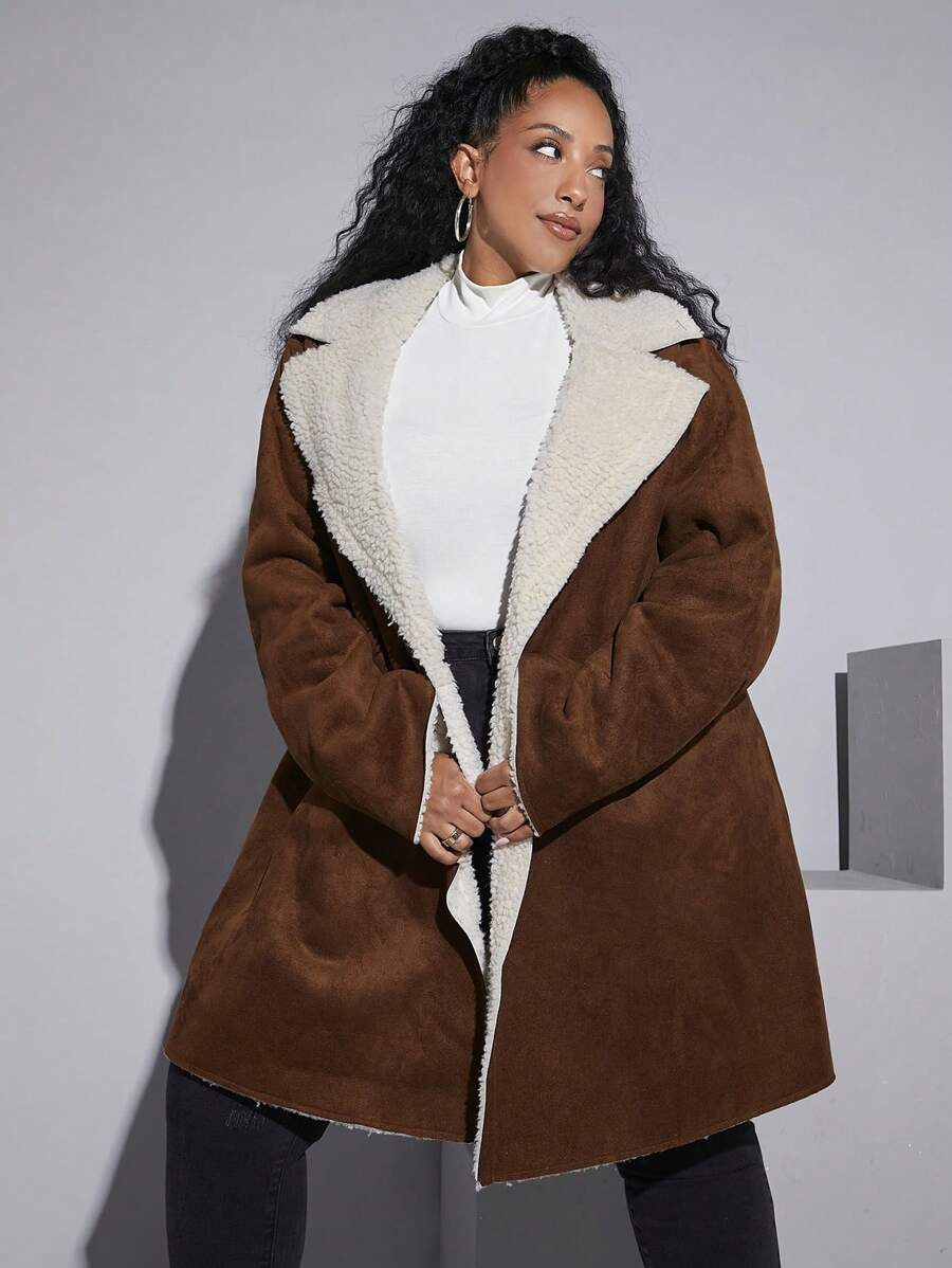 SHEIN CURVE+ Plus Lapel Neck Teddy Lined Coat | SHEIN