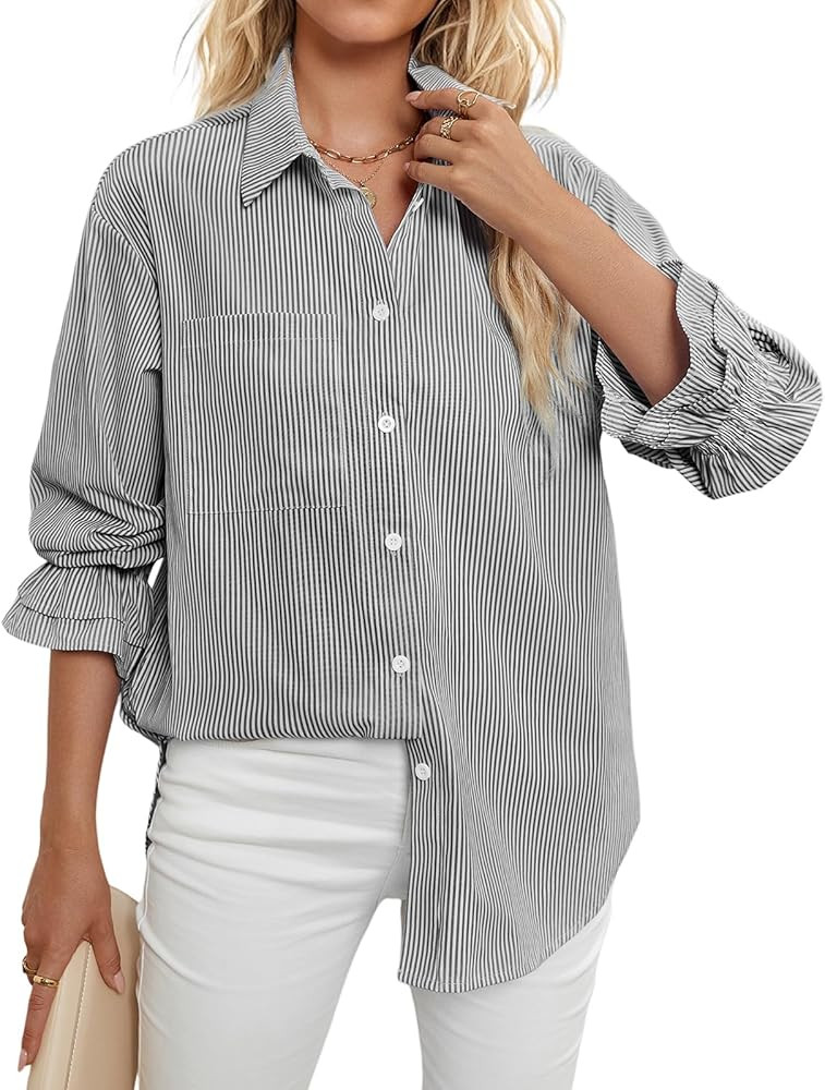 WHO IN SHOP Women's Striped Button Down Shirts Smocked Cuffed Boyfriend Shirt Long Sleeve Blouse ... | Amazon (US)