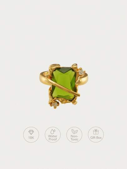 Glisma 18k Gold Plated Lava Premium Green Gemstone Ring,Premium/Old Money/Classy,Summer/Beach/Prom/Party,Layered/Gemstone/Beaded/Crystals,Sexy/Vintage,For Mom/Women/Girl/Mother - Size one-size | SHEIN