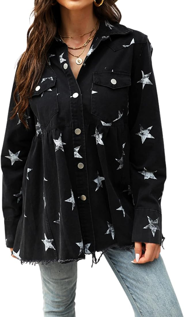 Bellesumyee Women's Casual Distressed Frayed Hem Jean Jacket Shacket Star Print Vintage Long Slee... | Amazon (US)