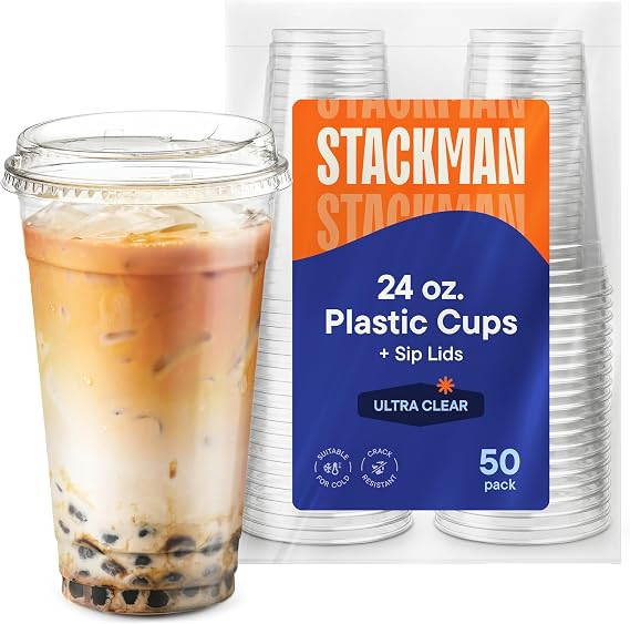 24 oz Clear Plastic Cups with Strawless Sip-Lids [50 Sets] PET Crystal Clear Disposable 16oz Plas... | Amazon (US)