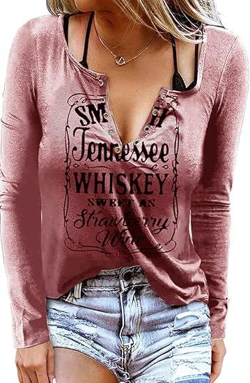Smooth As Tennessee Whiskey Sweet As Strawberry Wine T Shirt Ring Hole V-Neck Loose Fit Tops Wome... | Amazon (US)