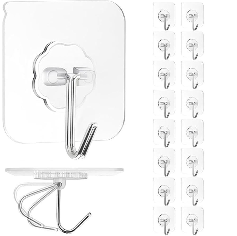 Adhesive Wall Hook, Set Heavy-Duty Thickened self-Adhesive Hook，16Pcs，33lb max Loading，Tran... | Amazon (US)