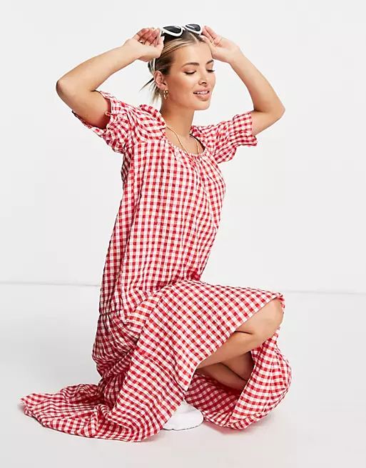 ASOS DESIGN tiered maxi smock dress in red gingham | ASOS (Global)