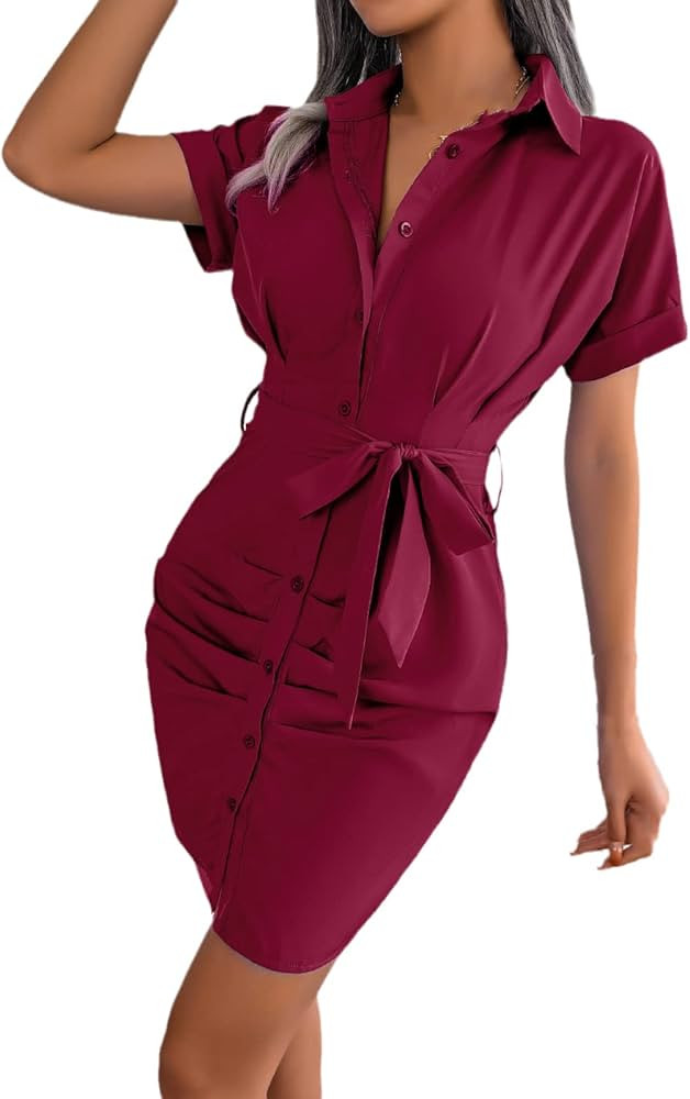 Women's Summer Dress - Elegant Casual Women Short Sleeve Dress Robe Bandage Office Shirt Dresses ... | Amazon (US)