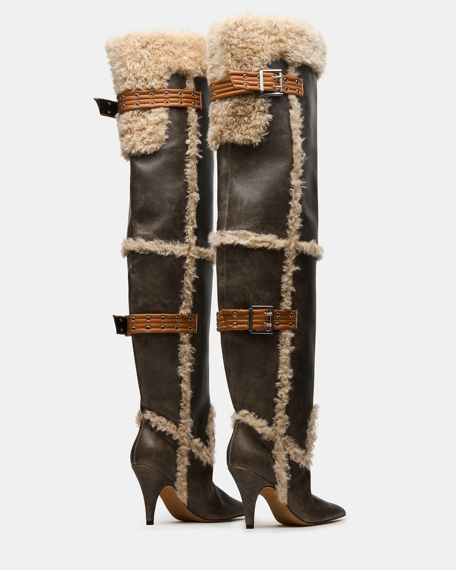 BADDIE Faux Fur Brown Distressed Over-The-Knee Moto Women's Boot | Steve Madden (US)