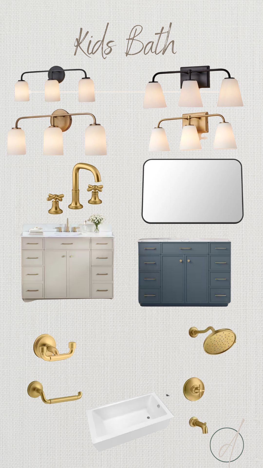 You can mix metals.  Here I would do a black mirror and another element in black. Faucets and light in gold.

#bath #bathroom #mixmetals #organizeddwelling 

#LTKHome #LTKKids #LTKSaleAlert