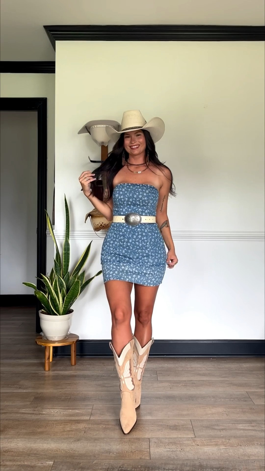 Mini dress but make it western 😍 denim mini dress has no stretch but I am wearing my true size xs! Love the butterfly design on the boots!

#LTKFestival #LTKgrwm #LTKootd