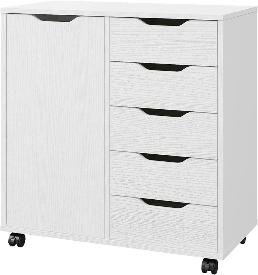 Panana 5-Drawer Chest with 1 Door, Wooden Chest of Drawers Storage Dresser Cabinet with Wheels, O... | Amazon (US)