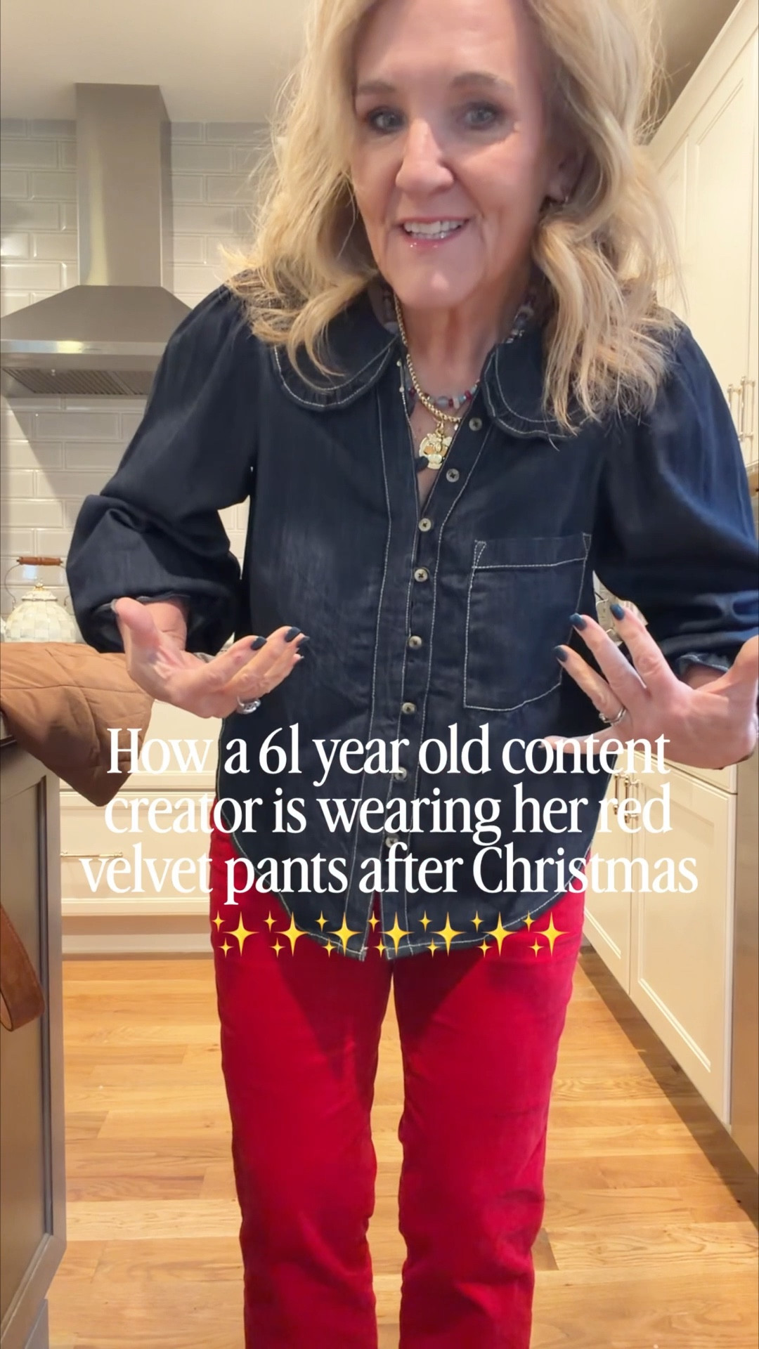 Red velvet pants wearing size 8 petite. And they are full length even in the petite. They are available in other colors also and make for a great winter pant as they are warm.
Denim shirt, size medium
Amazon vest size medium
Leopard sneakers true to size
@coach bag comes with three straps, including the Crossbody, the gold chain and not shown is a shoulder length strap
20% off my jewelry code NANETTE20

#LTKootd #LTKOver40 #LTKPetite