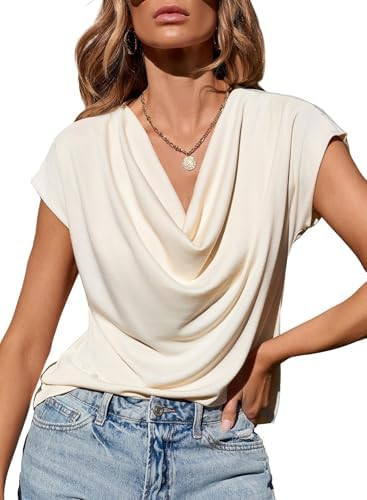 EVALESS Fashion 2026 Cowl Neck Tops for Women Dressy Casual Short Sleeve Shirts Summer Clothes Ou... | Amazon (US)