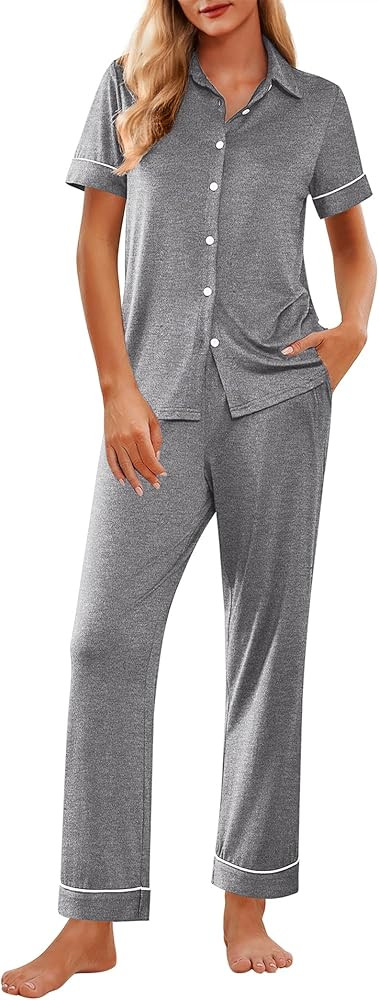 Ekouaer Womens Pajama Sets 2 Piece Button Down Short Sleeve Pjs Set Soft Lounge Set with Long Pan... | Amazon (US)
