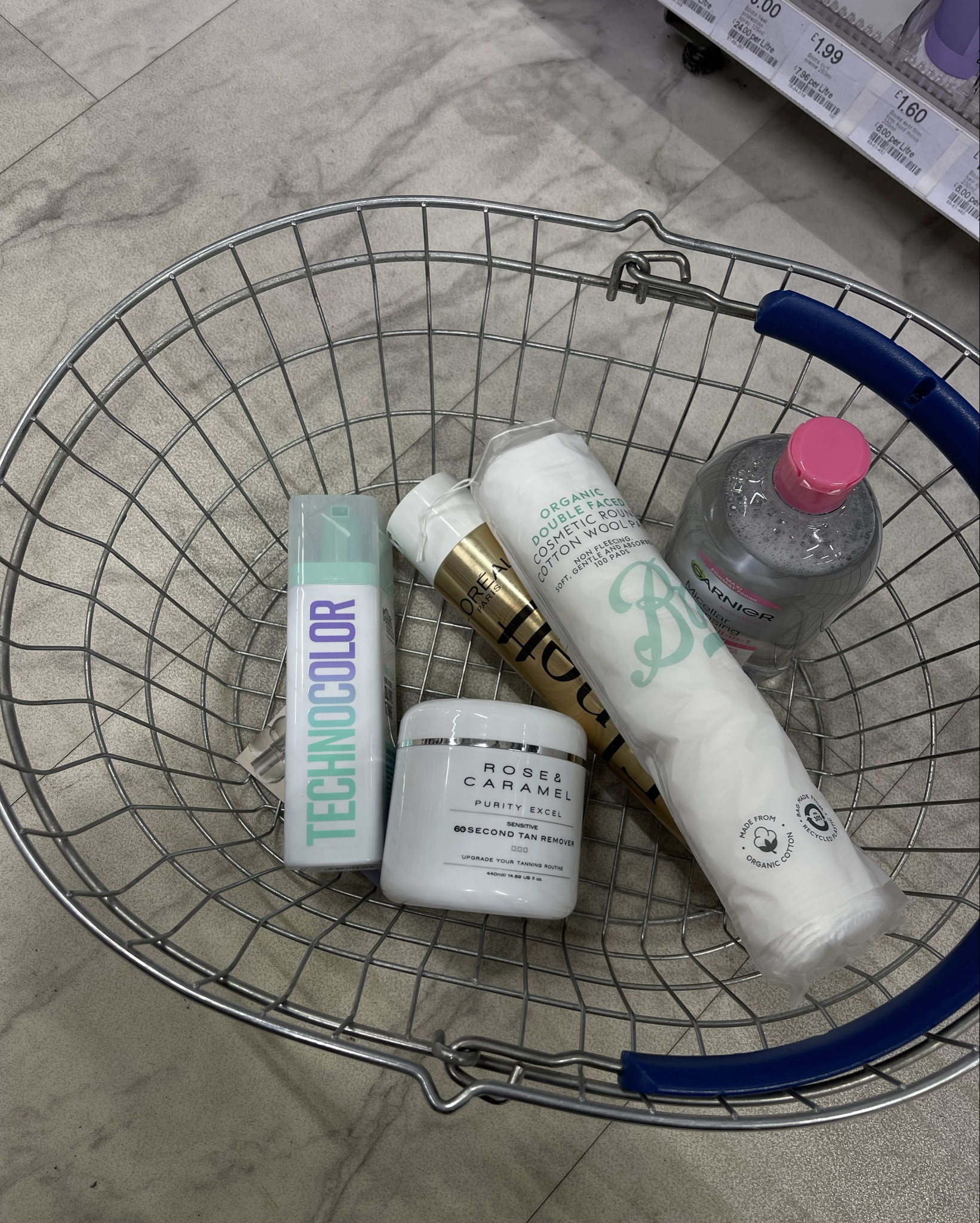 My boots basket 
Bondisands technocolour 
L’Oréal hairspray
Rose and caramel tan remover 
Garnier micellar water 