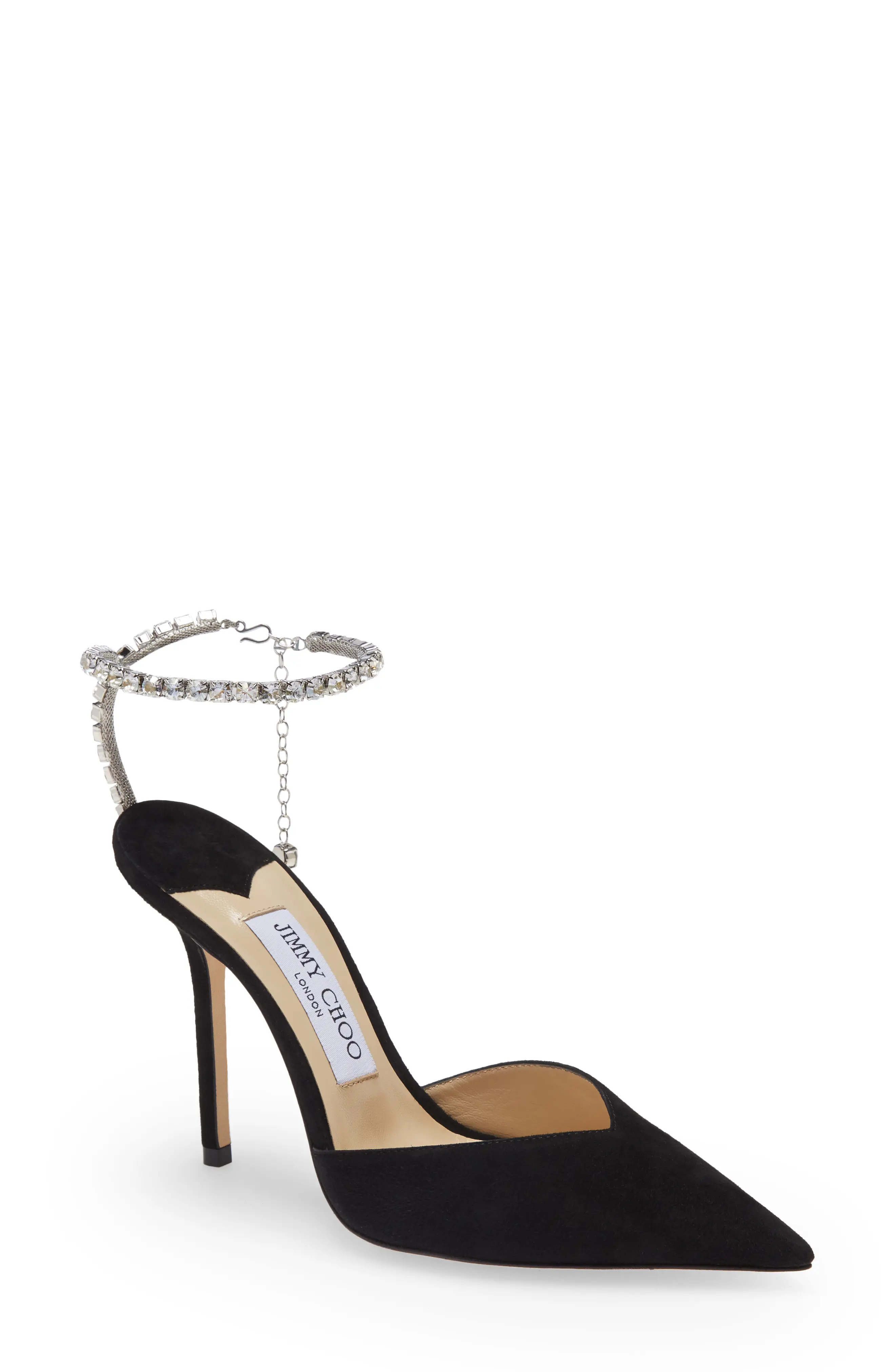 Jimmy Choo Saeda Crystal Ankle Strap Pointed Toe Pump in Black/Crystal at Nordstrom, Size 8Us | Nordstrom
