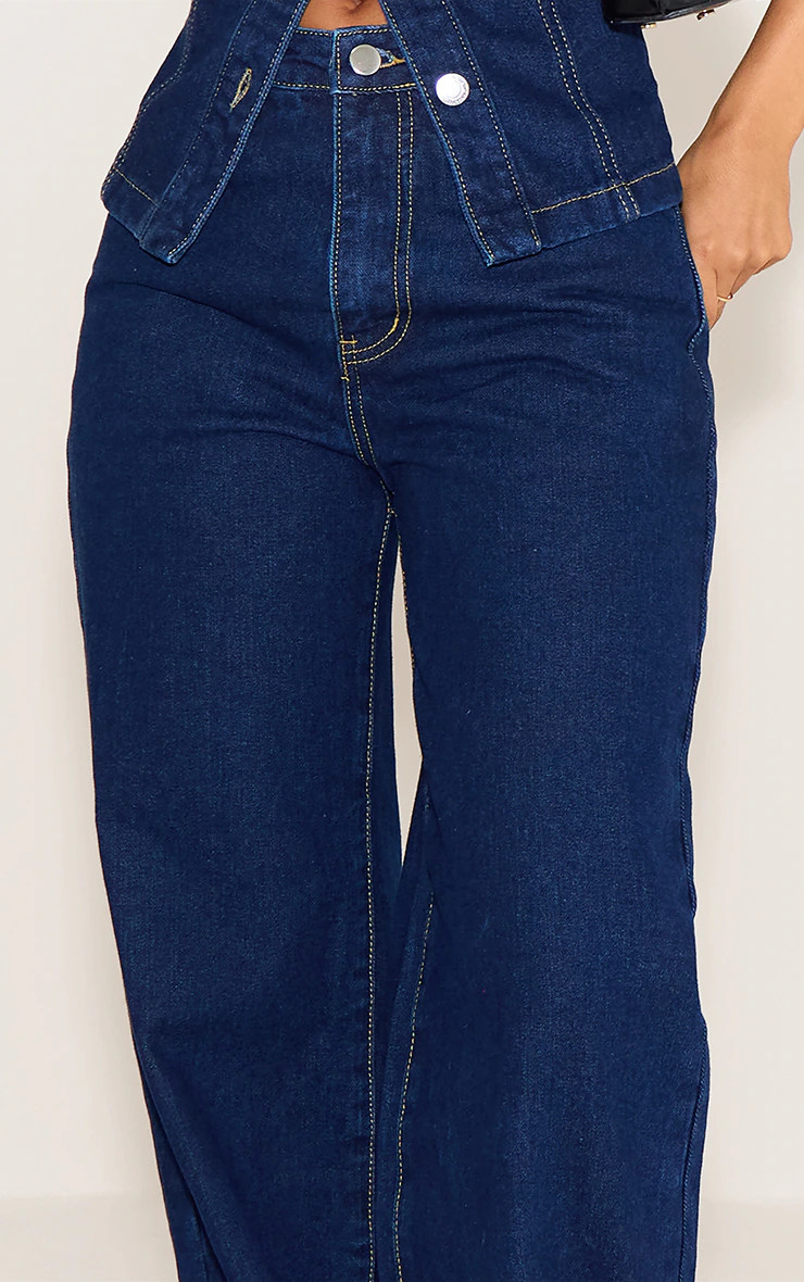 Petite Indigo Blue Wash Straight Leg Mid Rise Jeans | PrettyLittleThing US