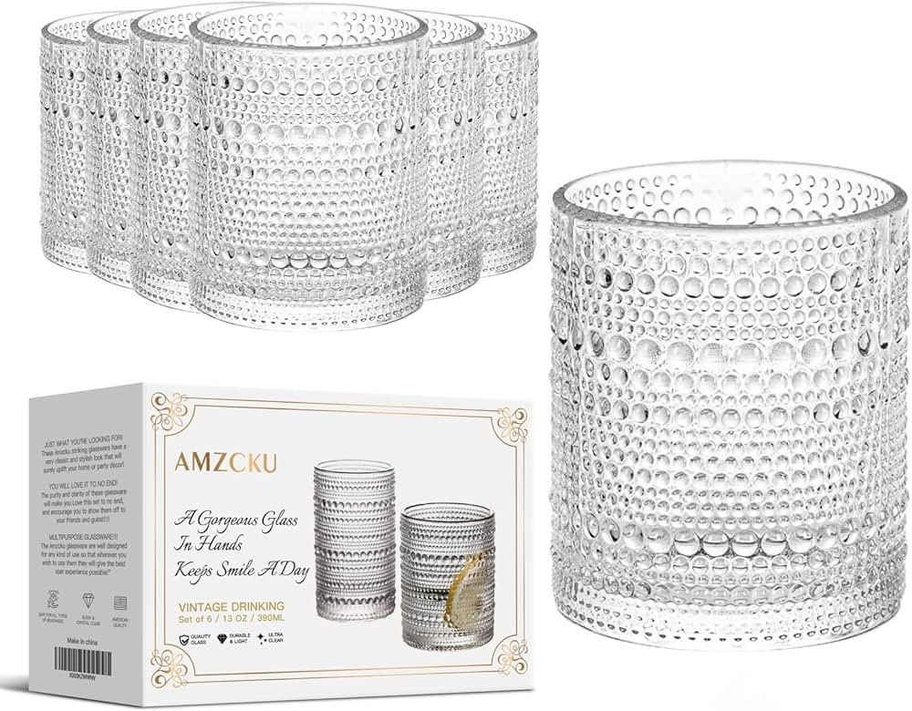 Amzcku Vintage Drinking Glass Set of 6 Kitchen Glasses Cup（13 OZ），for Water，Cocktail，Mi... | Amazon (US)