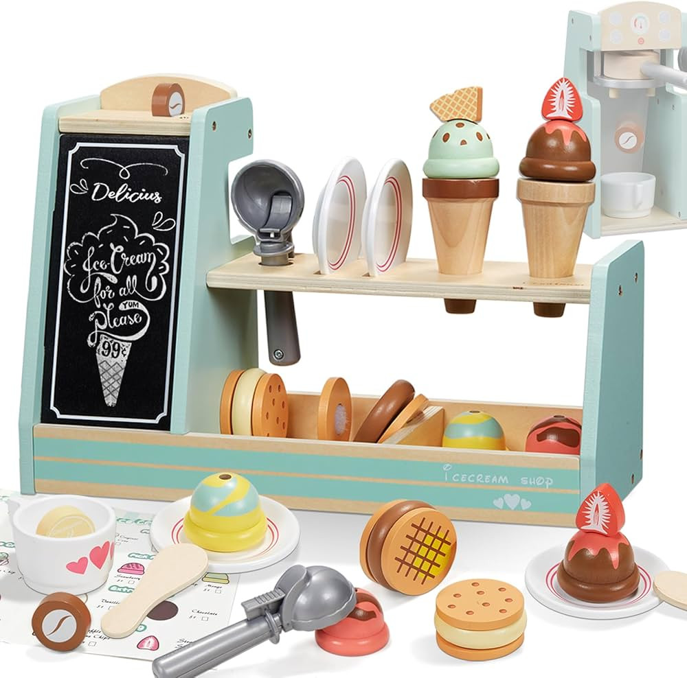 Giant bean Wooden Ice Cream, Coffee and Frozen Treat 3-in-1 Counter Playset, 25 PCS Toddler Prete... | Amazon (US)
