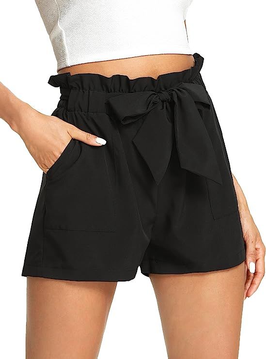 Romwe Women's Casual Elastic Waist Bowknot Summer Shorts with Pockets | Amazon (US)