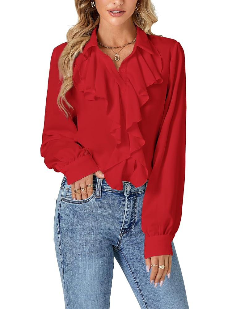 LYANER Women's Dressy Ruffle Blouse Long Sleeve Collar Neck Button Down Victorian Shirt Tops | Amazon (US)