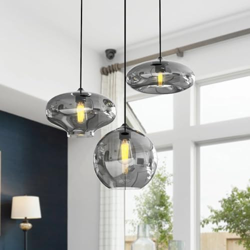 efperfect Modern 3 Lights Glass Pendant Light Smoky Gray Glass Globe Cluster Chandelier Lighting Fixtures Black Adjustable Kitchen Island Hanging Pendant Lighting Nordic Multi Lights Pendant Lamp | Amazon (US)