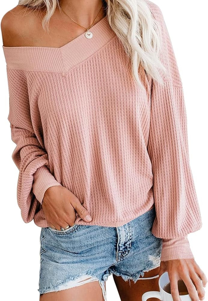 Adreamly Women's V Neck Long Sleeve Waffle Knit Top Off Shoulder Oversized Pullover Sweater | Amazon (US)