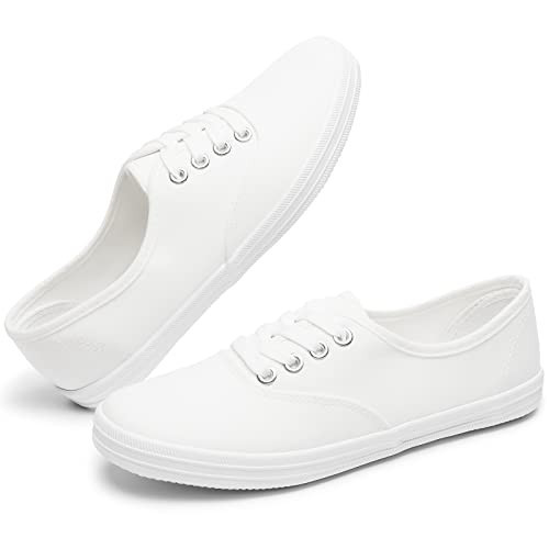 TUOPIN Womens White Canvas Sneakers Low Top Lace-up Canvas Shoes Lightweight Casual Tennis Shoes(White.US8.5) | Amazon (US)