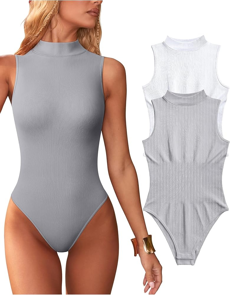 OQQ Women's 2 Piece Bodysuits Sexy Ribbed Sleeveless High Neck Tank Tops Bodysuits | Amazon (CA)