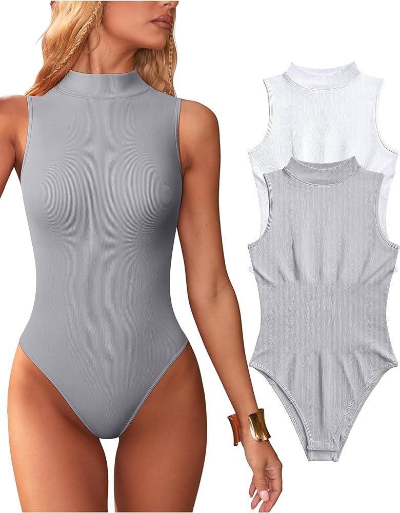 OQQ Women's 2 Piece Bodysuits Sexy Ribbed Sleeveless High Neck Tank Tops Bodysuits | Amazon (CA)