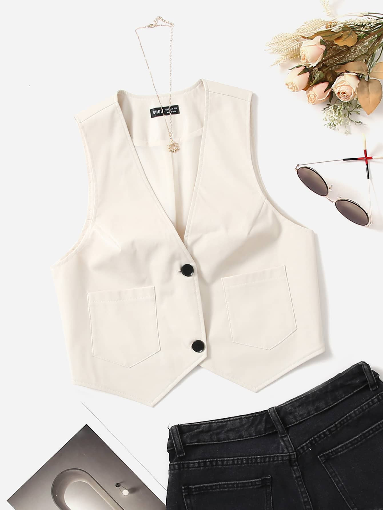 Single Breasted Patch Pocket Vest Blazer | SHEIN